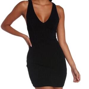 Windsor M Black Blue Glitter Sparkle Ribbed Strappy Open Back Vneck Mini Dress